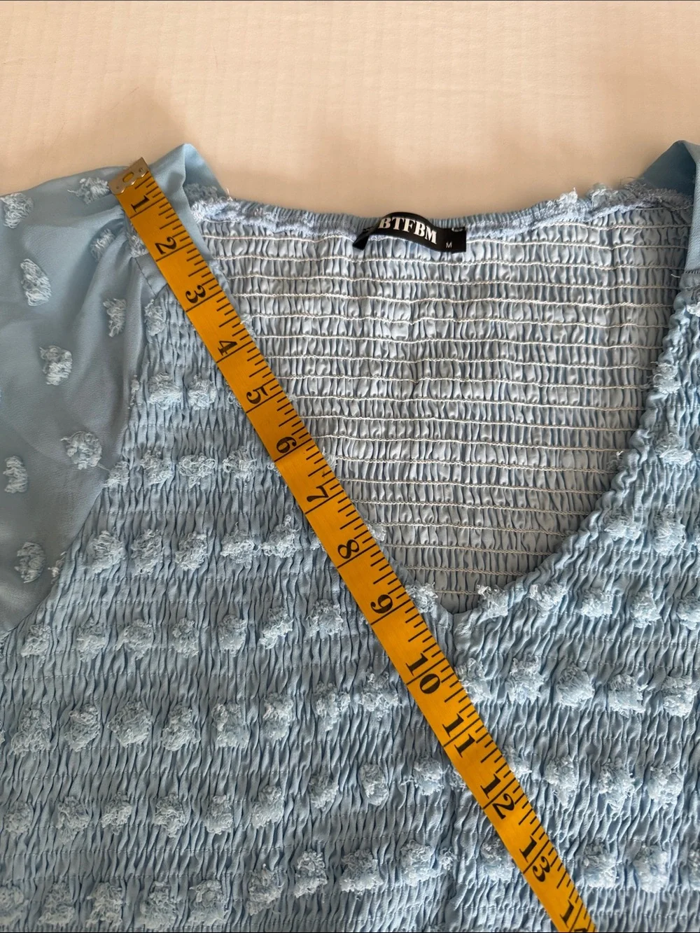 Light Blue Textured Midi Dress with V-Neck